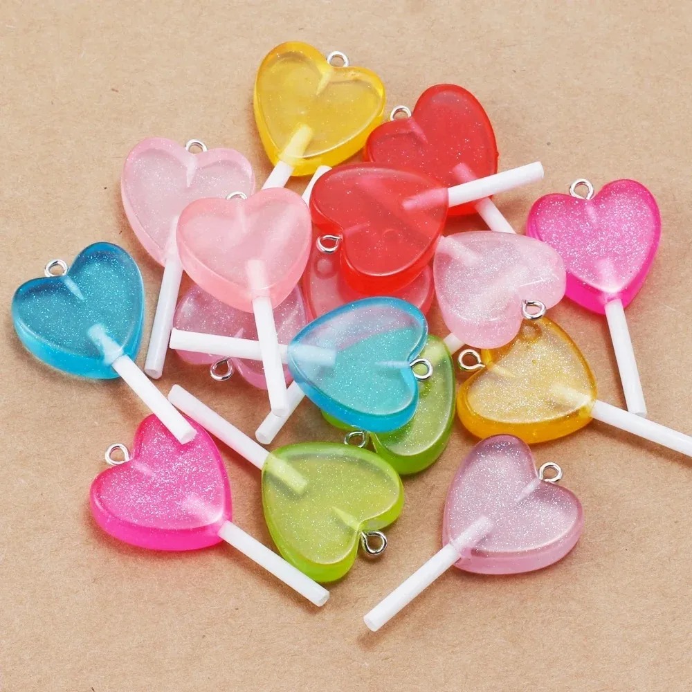 Resin Art Diy Kit - 10Pcs Kawaii Sparkly Heart Lollipop Resin